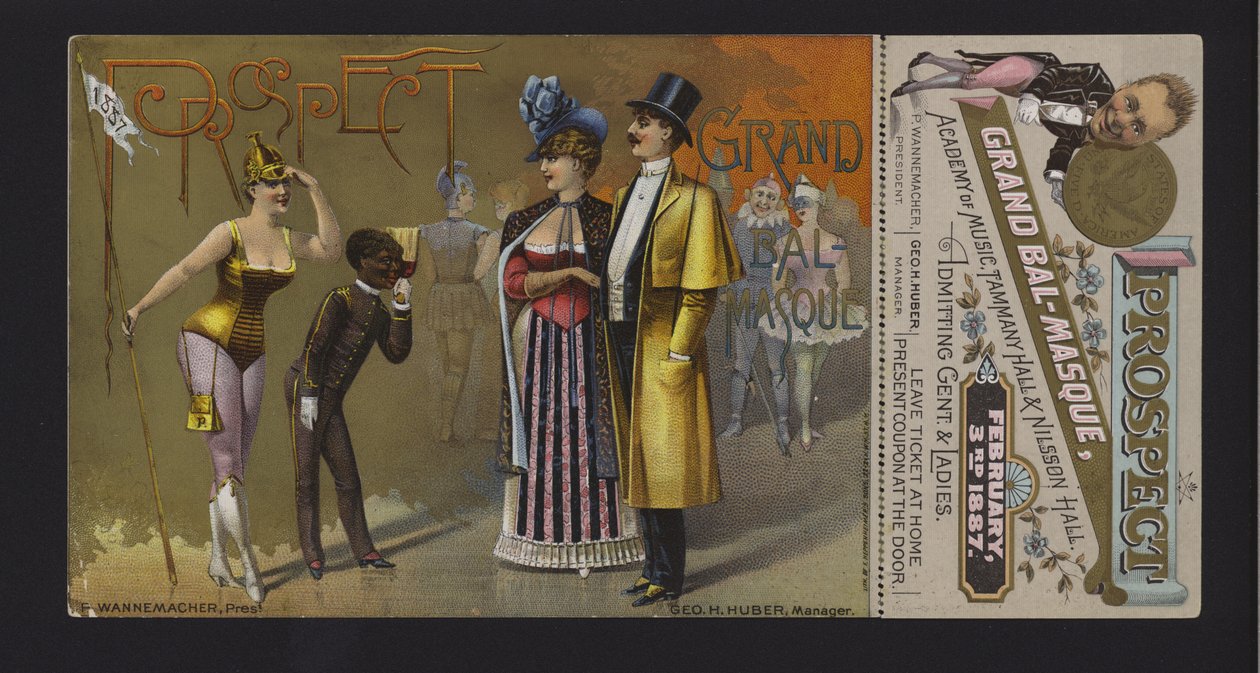 Vstupenka a kupón na velký maškarní ples sdružení Prospect v Academy of Music, Tammany Hall a Nilsson Hall, New York (chromolit) od American School