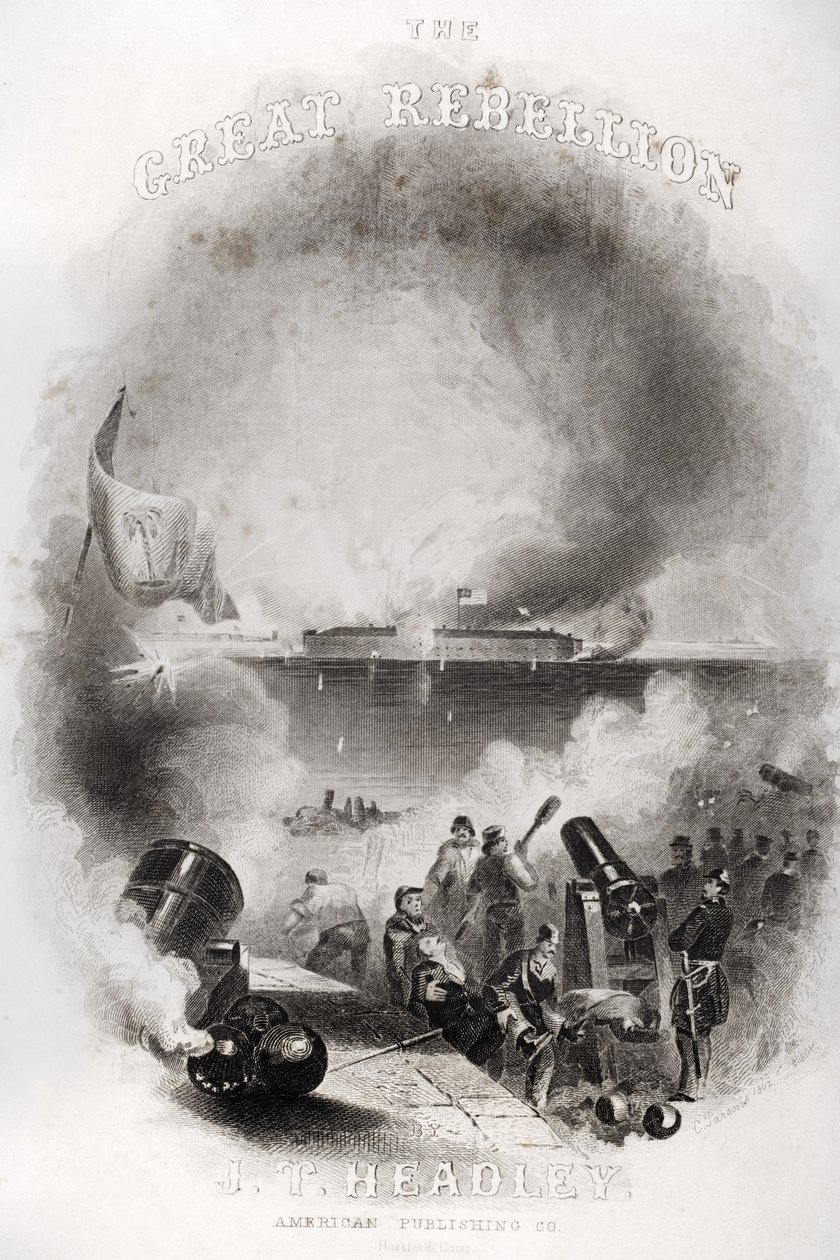 Ilustrace na titulní straně Útok na Fort Sumter v roce 1861, z „Velkého povstání“ od J.T. Headley, publikoval 1866 od American School