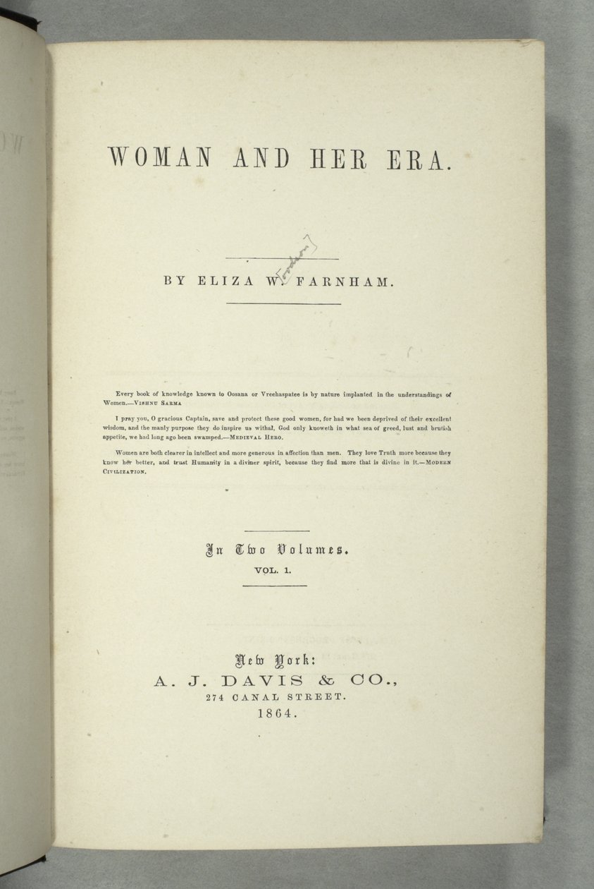 Titulní strana Ženy a její éra od Elizy Wood Farnham (1815-64) vydaná v New Yorku, 1864 (tisk) od American School