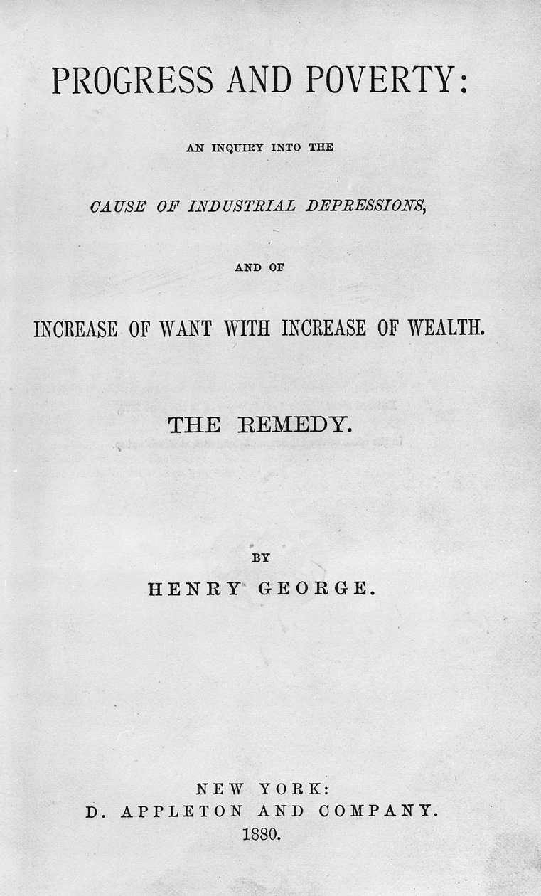 Titulní strana knihy Pokrok a chudoba od Henryho George, vydané v roce 1880 (tisk) od American School