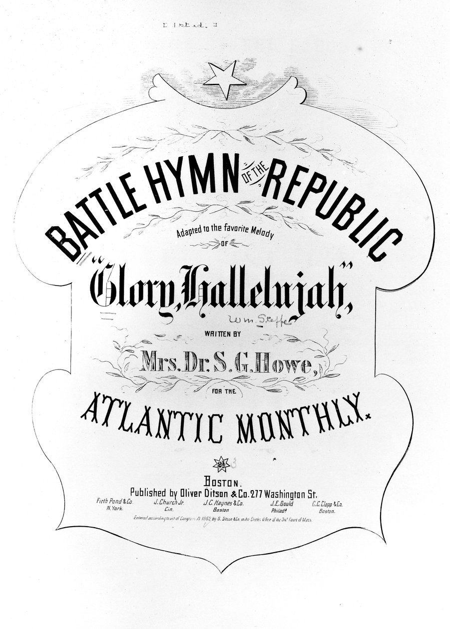 Titulní strana k bitevní hymně republiky, kterou napsala Julia Ward Howe (1819-1910) 1862 od American School