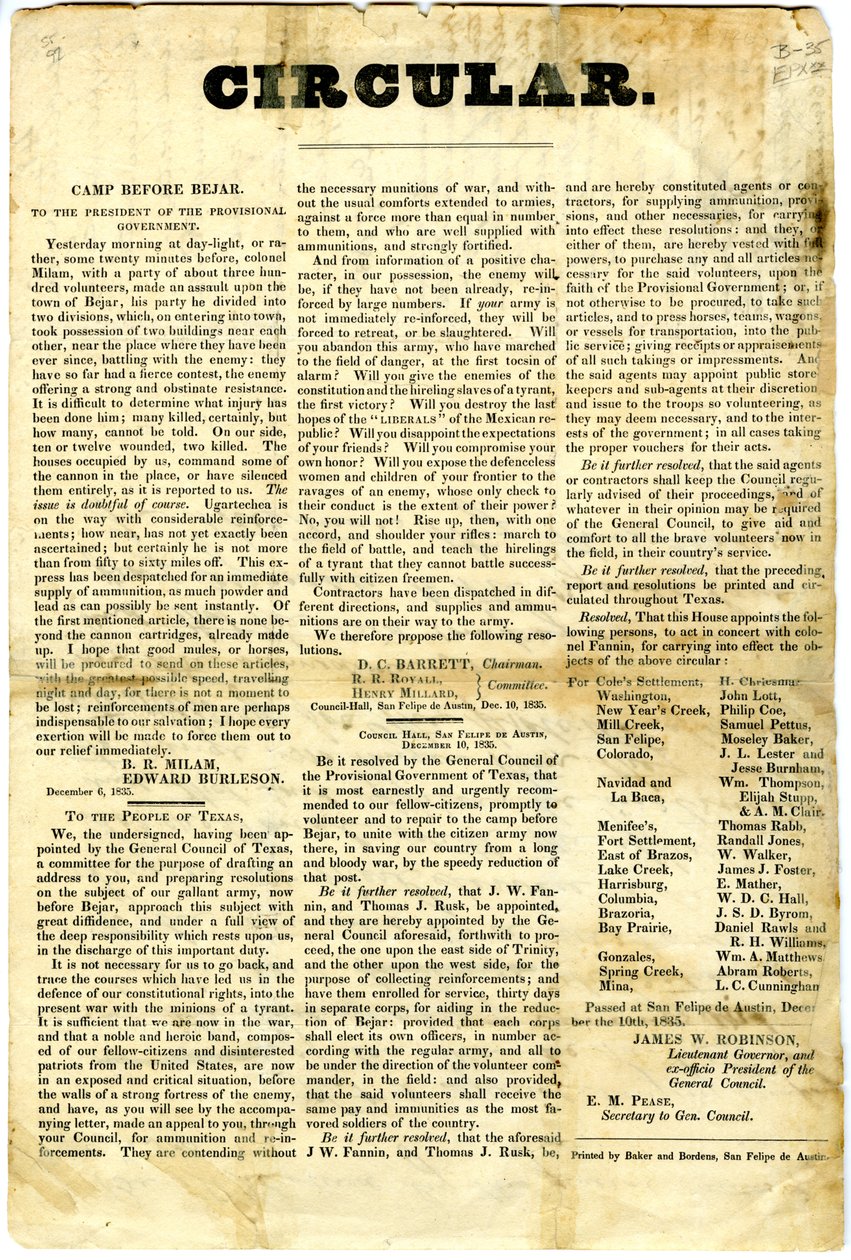 To The People of Texas re: obležení mexické posádky v San Antonio de Bexar, 10. prosince 1835 od American School