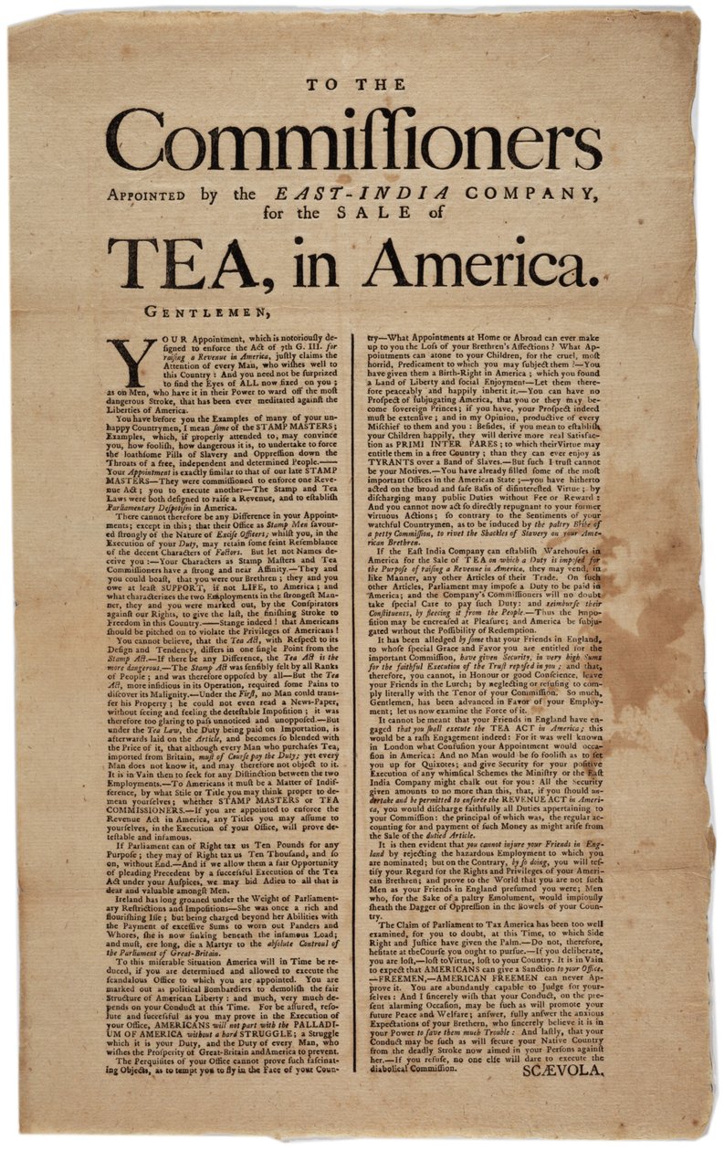 Komisařům jmenovaným Východoindickou společností pro prodej čaje v Americe, podepsán Scaevola, 1773 od American School