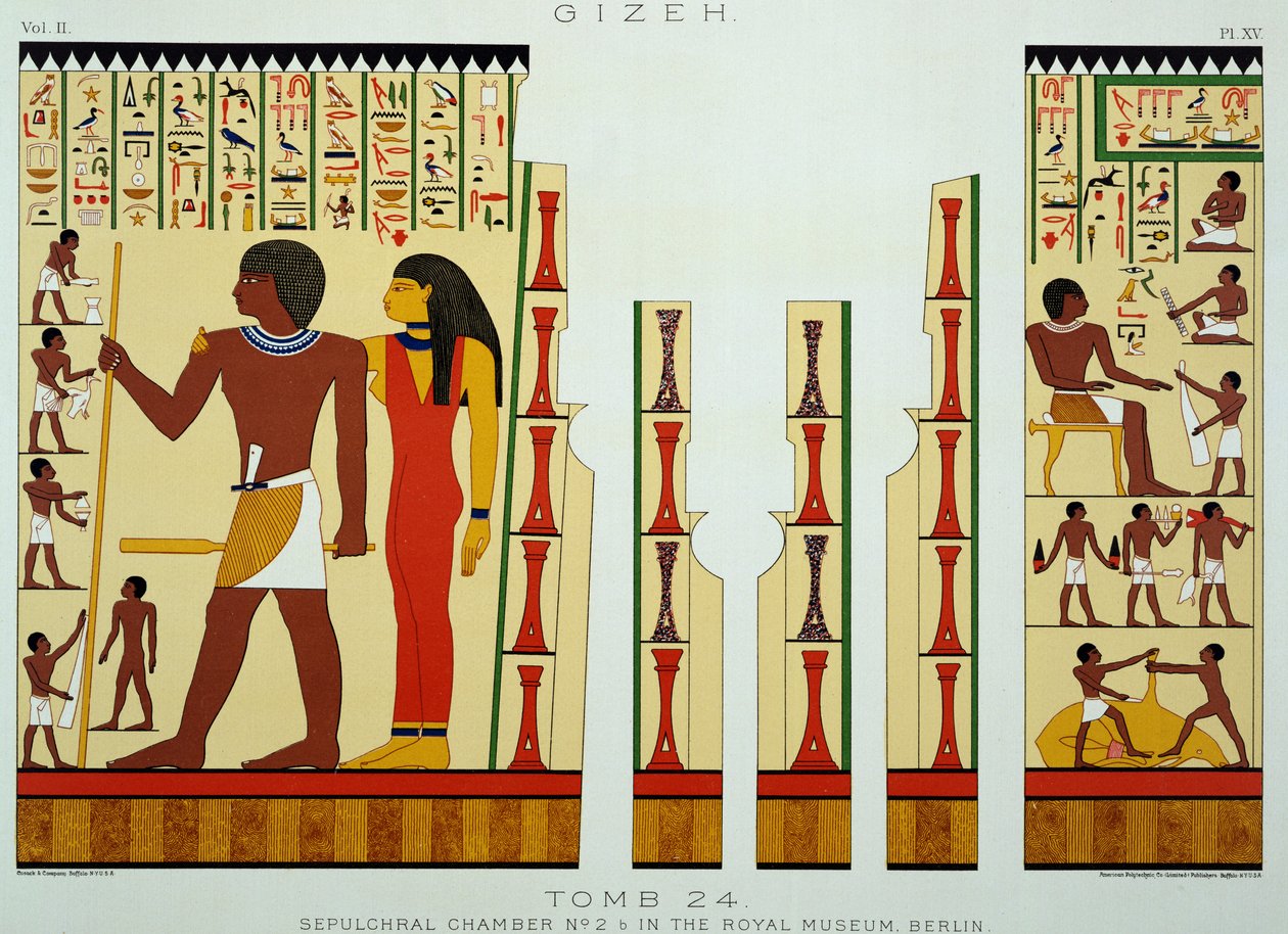 Hrobka 24, hrobová komora č. 2, z Gizehu, svazek II, deska XV z knihy Ancient Egypt od Samuela Augusta Biniona, vydané roku 1887 (tónovaná chromolitografie) od American School