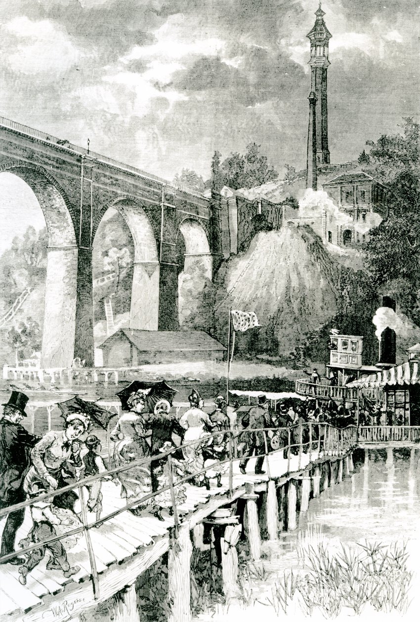 Turisté vracející se ke svému parníku na řece Harlem, s High Bridge na levé straně, vyryto W.A Rogersem pro Harpers Weekly, 24. července 1880 od American School