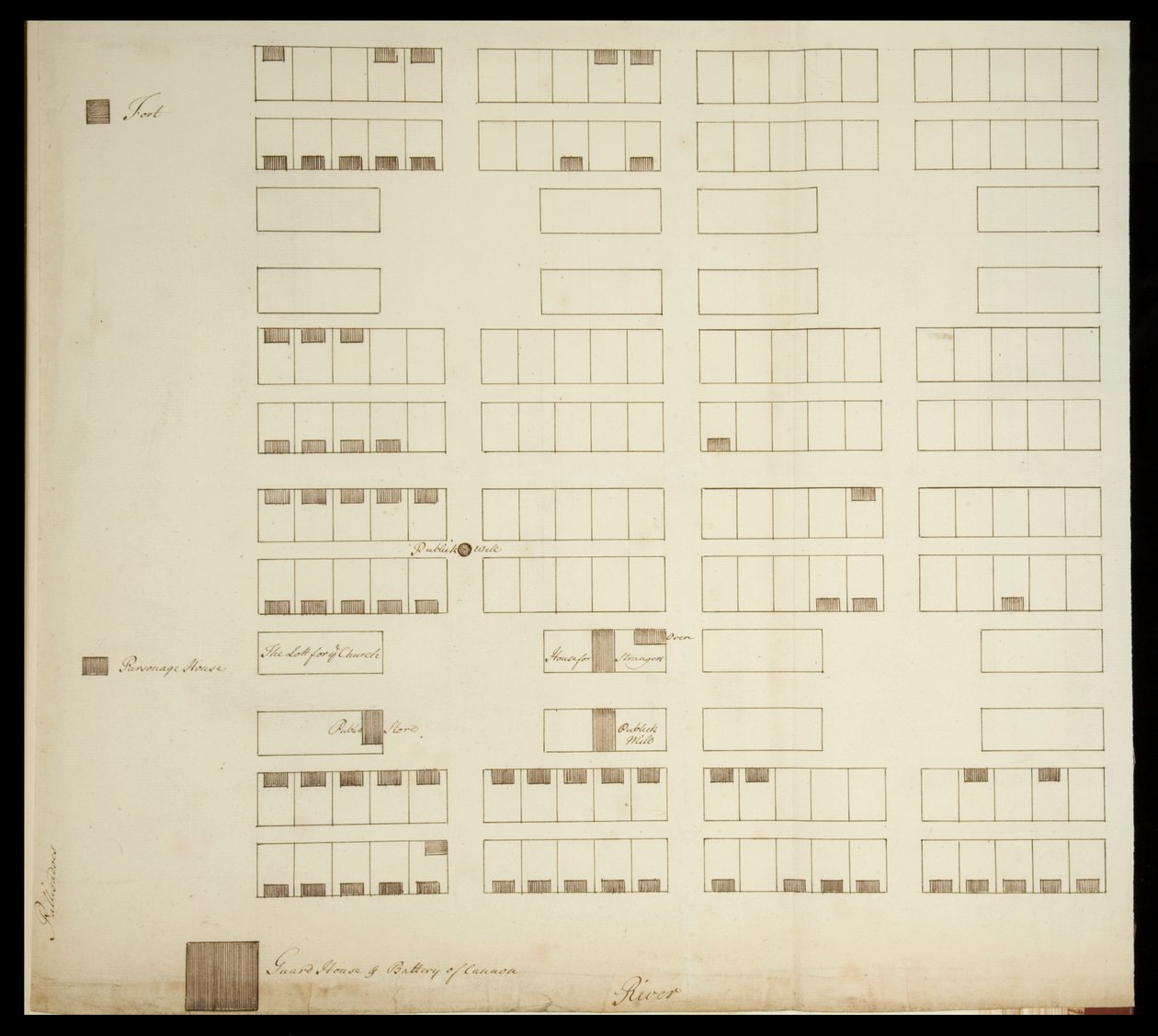 Plán města Savannah, cca 1733 (pero a inkoust na papíře) od American School