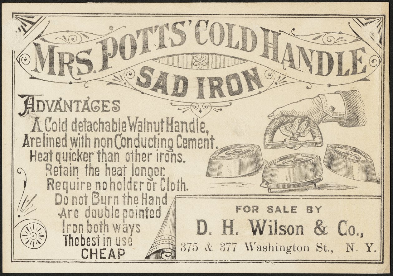 Obchodní karta pro paní Pottsovou" Cold Handle Sad Iron, cca 1870-1900 od American School