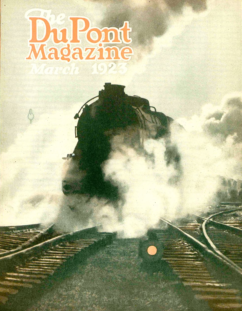 Vlak, přední strana časopisu DuPont Magazine, březen 1923 od American School