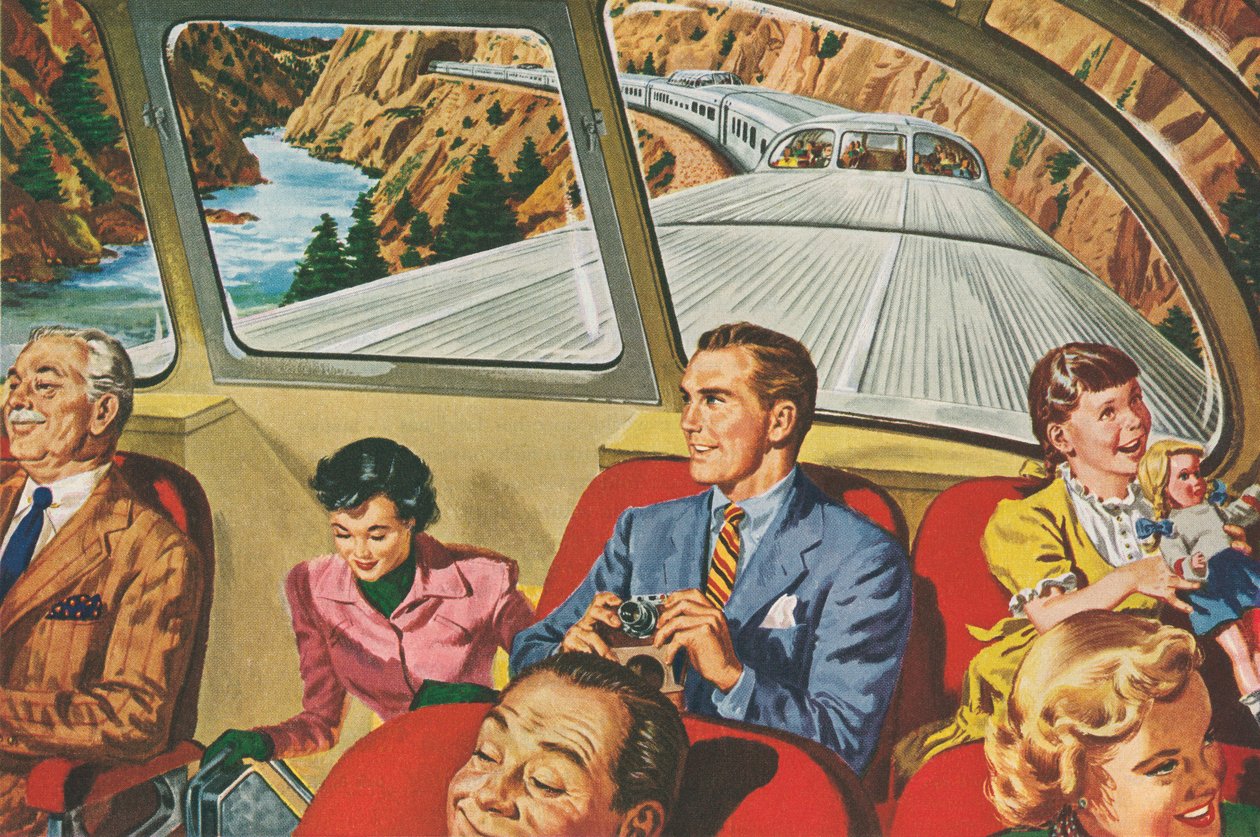 Cestovatelé, kteří si užívají futuristický výlet vlakem od American School