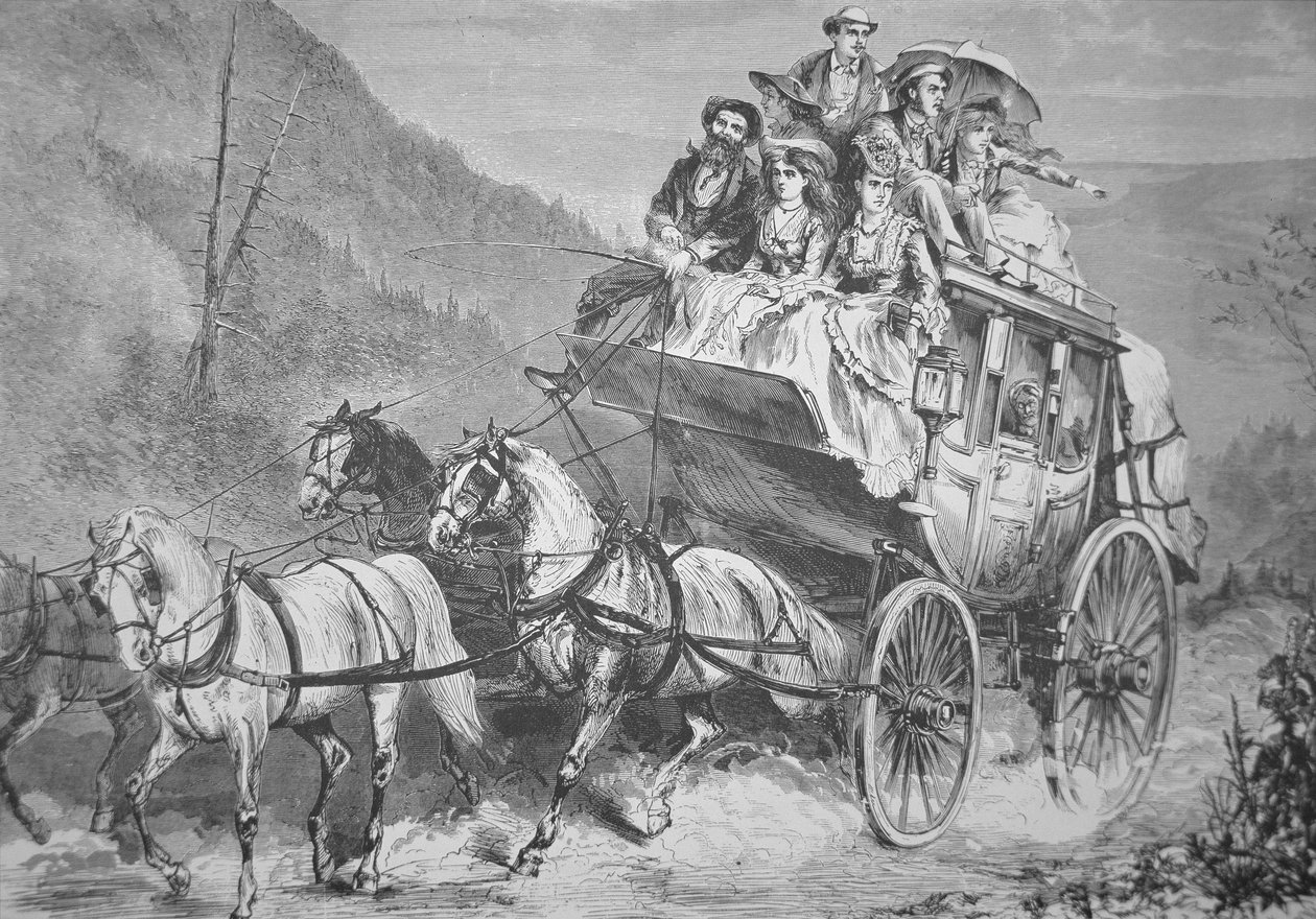 Cestování po americkém západě Concord dostavníkem v 60. letech 19. století (rytina) od American School