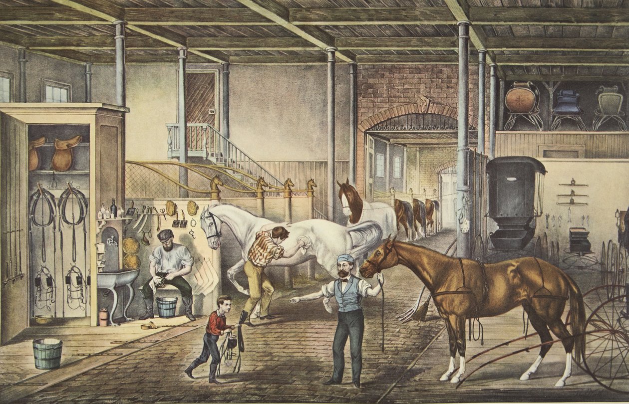 Trotting Cracks At Home, A Model Stable, pub. 1868, Currier & Ives od American School