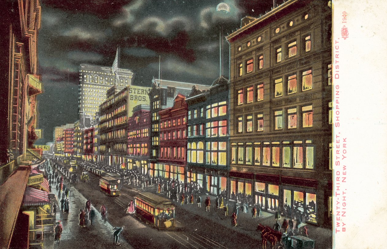 Obchodní čtvrť Twenty-Third Street, New York, v noci (barevná litografie) od American School