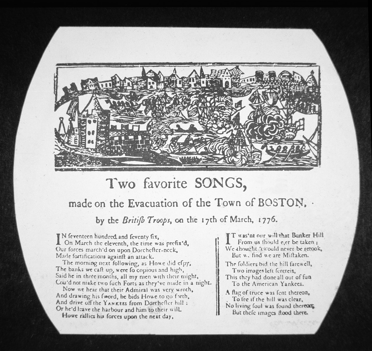 Dvě oblíbené písně, které vznikly při evakuaci Bostonu britskými jednotkami 17. března 1776 (rytina) od American School