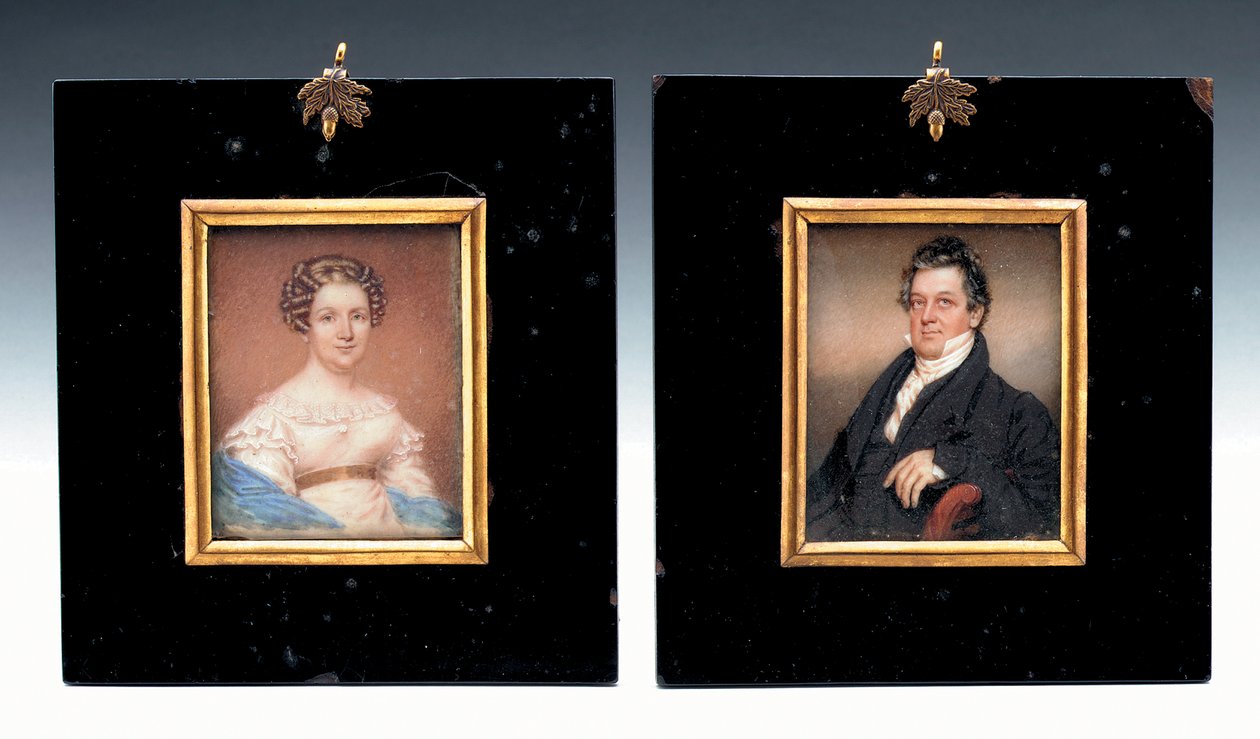 Dvě miniatury kapitána Arenta Schuyler de Peyster a jeho manželky Sarah Macomb (akvarel na slonovině) od American School
