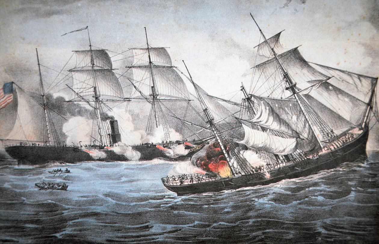 Americká šalupa „Kearsage“ potápí Confederate Raider „Alabama“ u Cherbourgu od American School