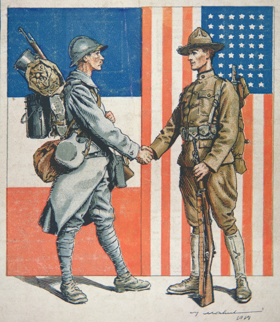 Americký voják potřesení rukou s francouzským vojákem, vstup Ameriky do první světové války od American School