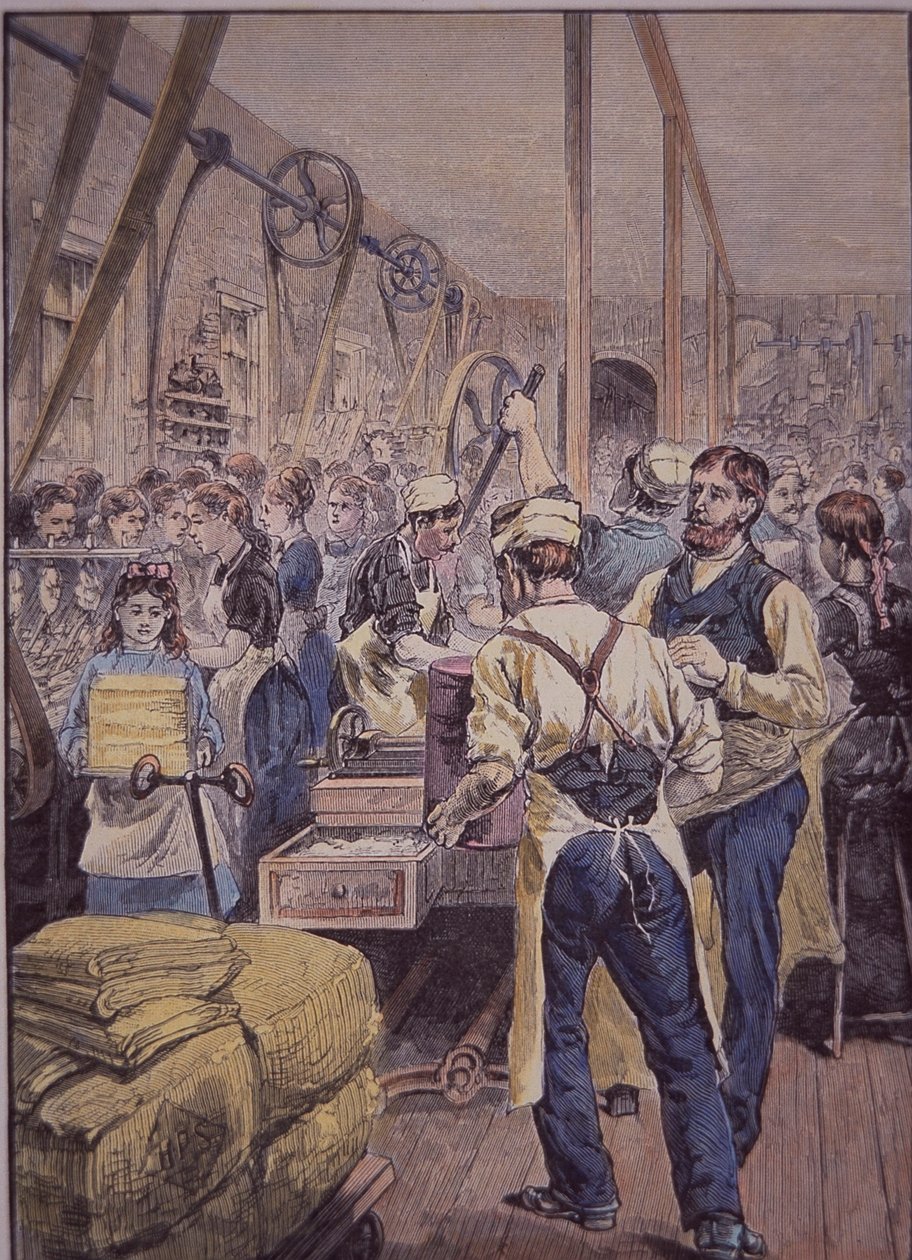 Textilní průmysl USA, textilní továrna na severu, kolem roku 1870 (barevné rytí) od American School