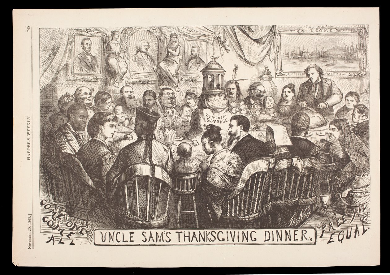 Rytina „Uncle Sam’s Thanksgiving Dinner“ od Thomase Nasta, Harper’s Weekly, 20. listopadu od American School