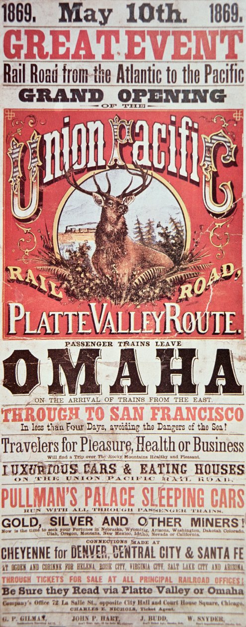 Plakát Union Pacific Railroad propagující první transkontinentální železnici napříč USA od American School