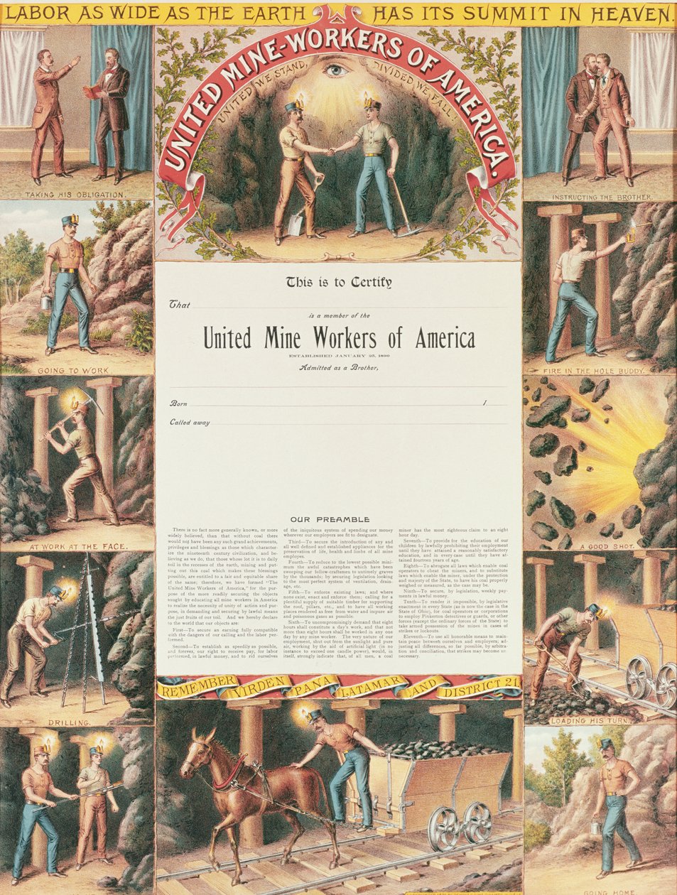 Certifikát United Mine Workers Certificate, 1890 od American School
