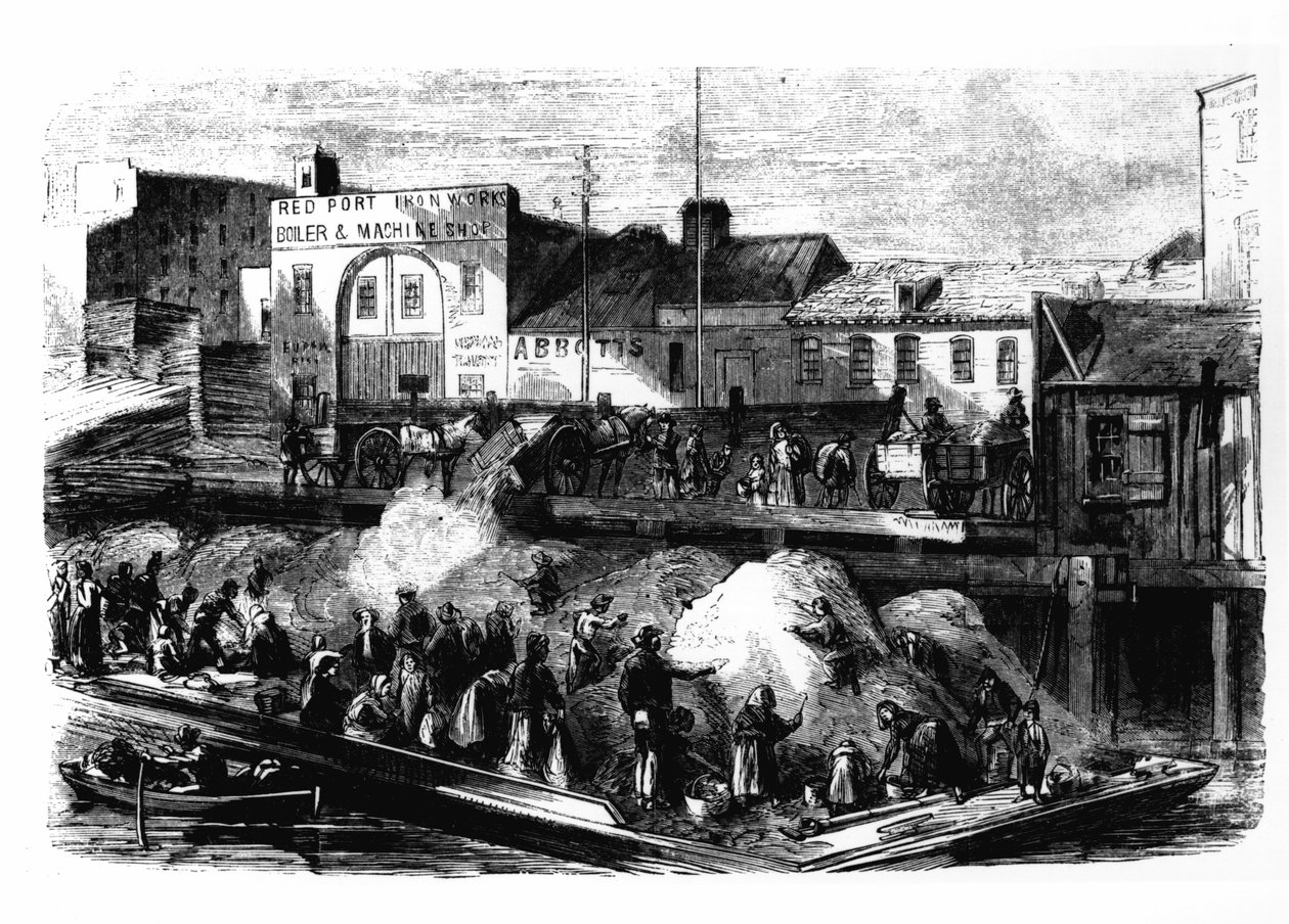 Tuláci vybírají hadry na prodej na skládce odpadu na Beach Street, New York, kolem roku 1870 od American School