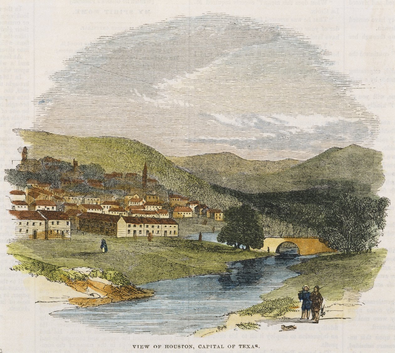 Pohled na Houston, hlavní město Texasu, c. 1852 (ručně kolorovaná dřevorytina) od American School