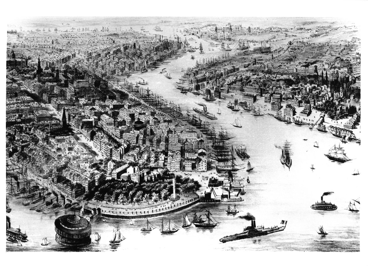 Pohled na Manhattan a East River Bay od American School