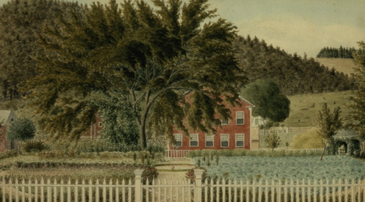 Pohled na červený dům s plotem, 1854 (wc s kvašem na papíře) od American School