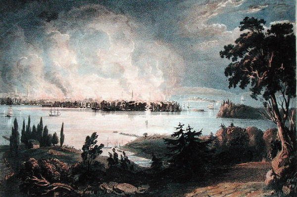 Pohled na město New York z Weehawk během velkého požáru, 16. prosince 1835, vyrytý Day a Haghe (barevně lito) od American School