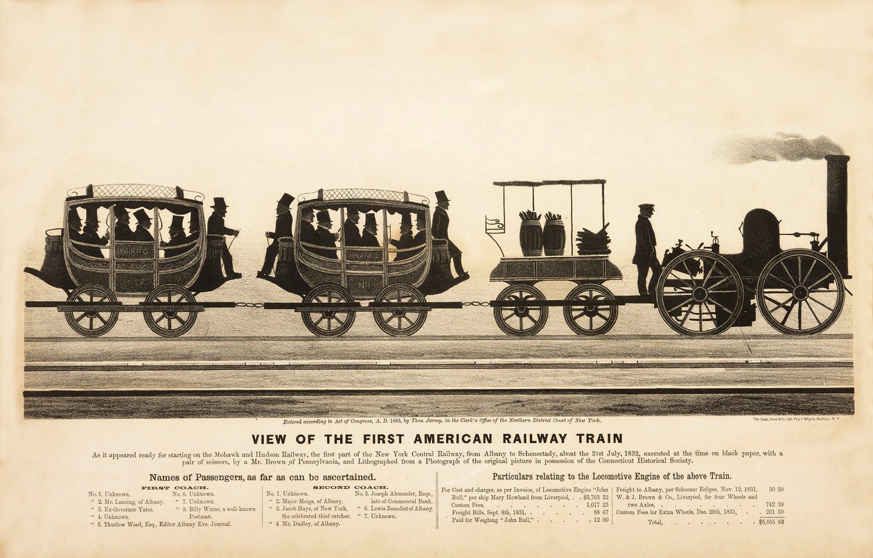 Pohled na první americký železniční vlak, hospoda. 1865 od American School