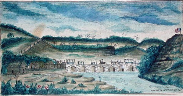 Pohled na National Bridge v Santa Fe, Mexiko (akvarel na papíře) od American School