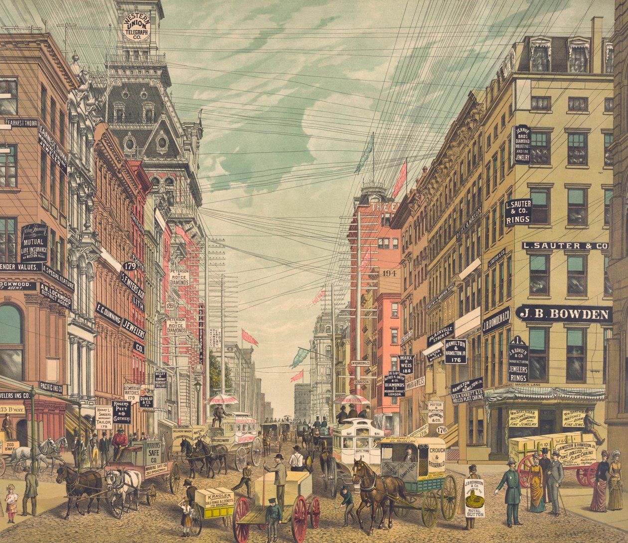 Pohled na Broadway v New Yorku, cca 1880 (chromolitografie) od American School