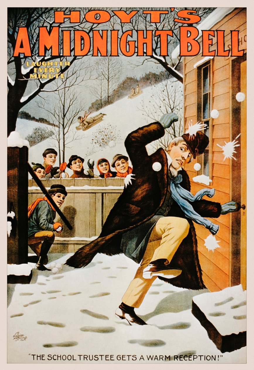 Vintage plakát chlapců házících muže sněhovými koulemi, 1890-99 od American School
