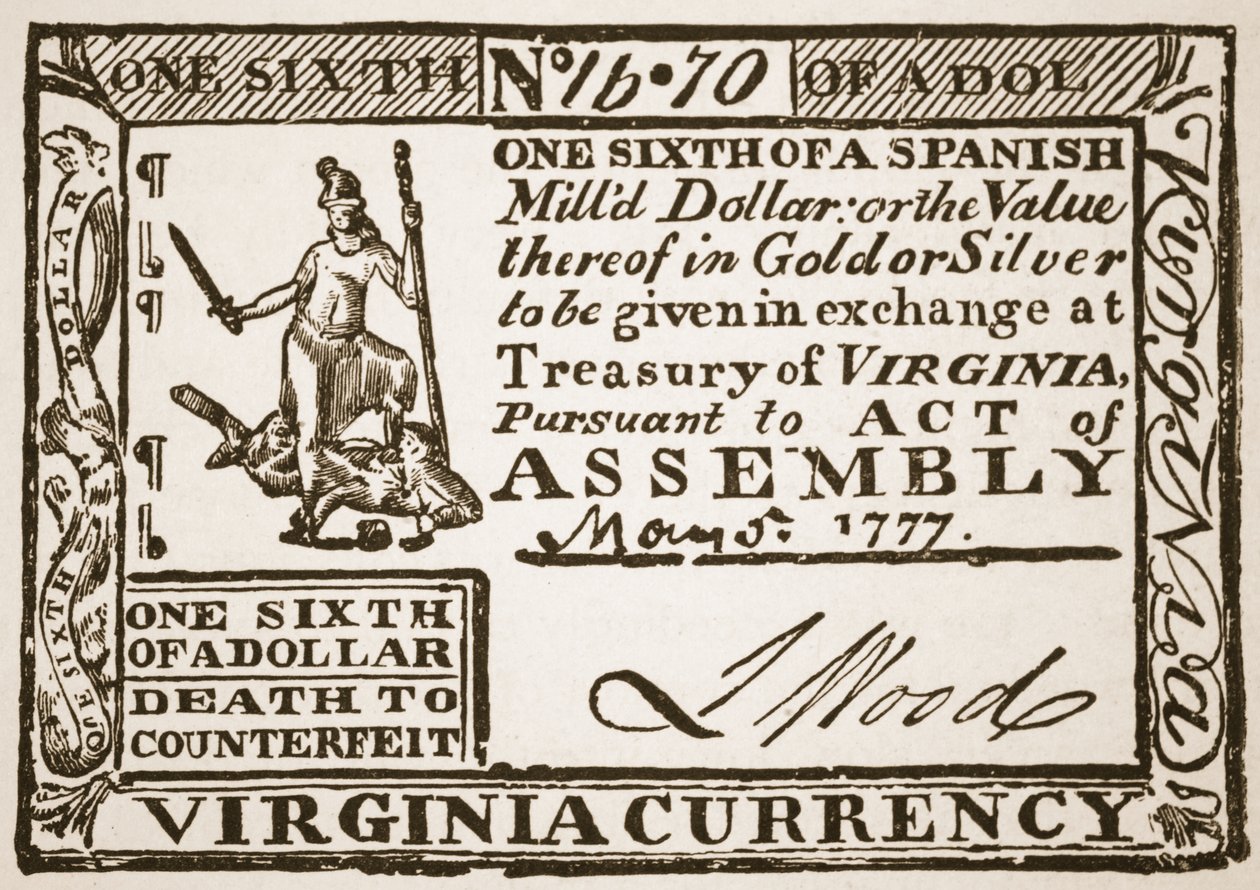 Virginská měna, rovnající se jedné šestině španělského dolaru, 1777 od American School