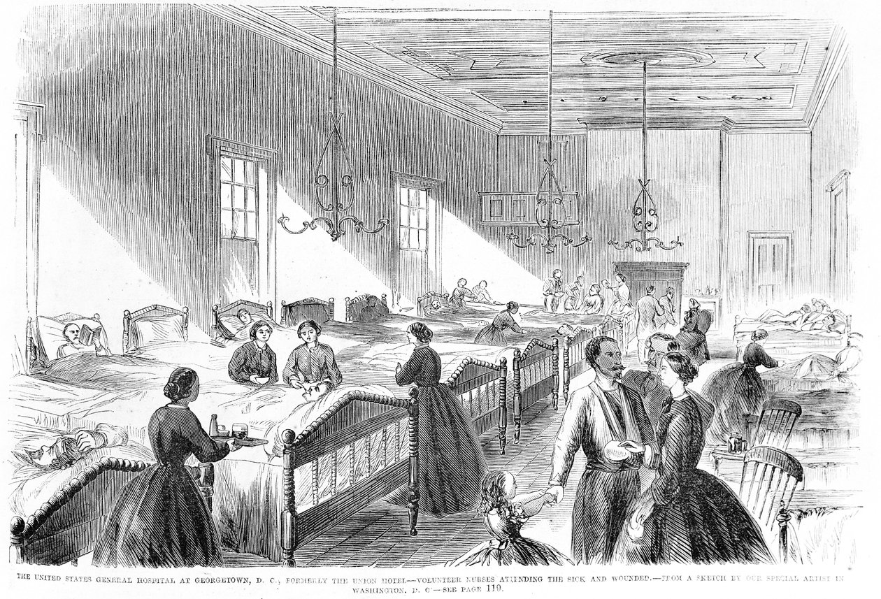 Dobrovolné sestry pečující o nemocné v americké všeobecné nemocnici v Georgetownu, z Frank Leslies Illustrated Newspaper, 6. července 1861 od American School
