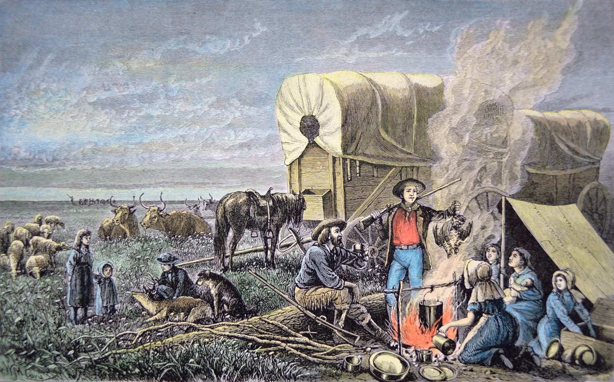 Povozní emigranti na západ (barevná rytina) od American School