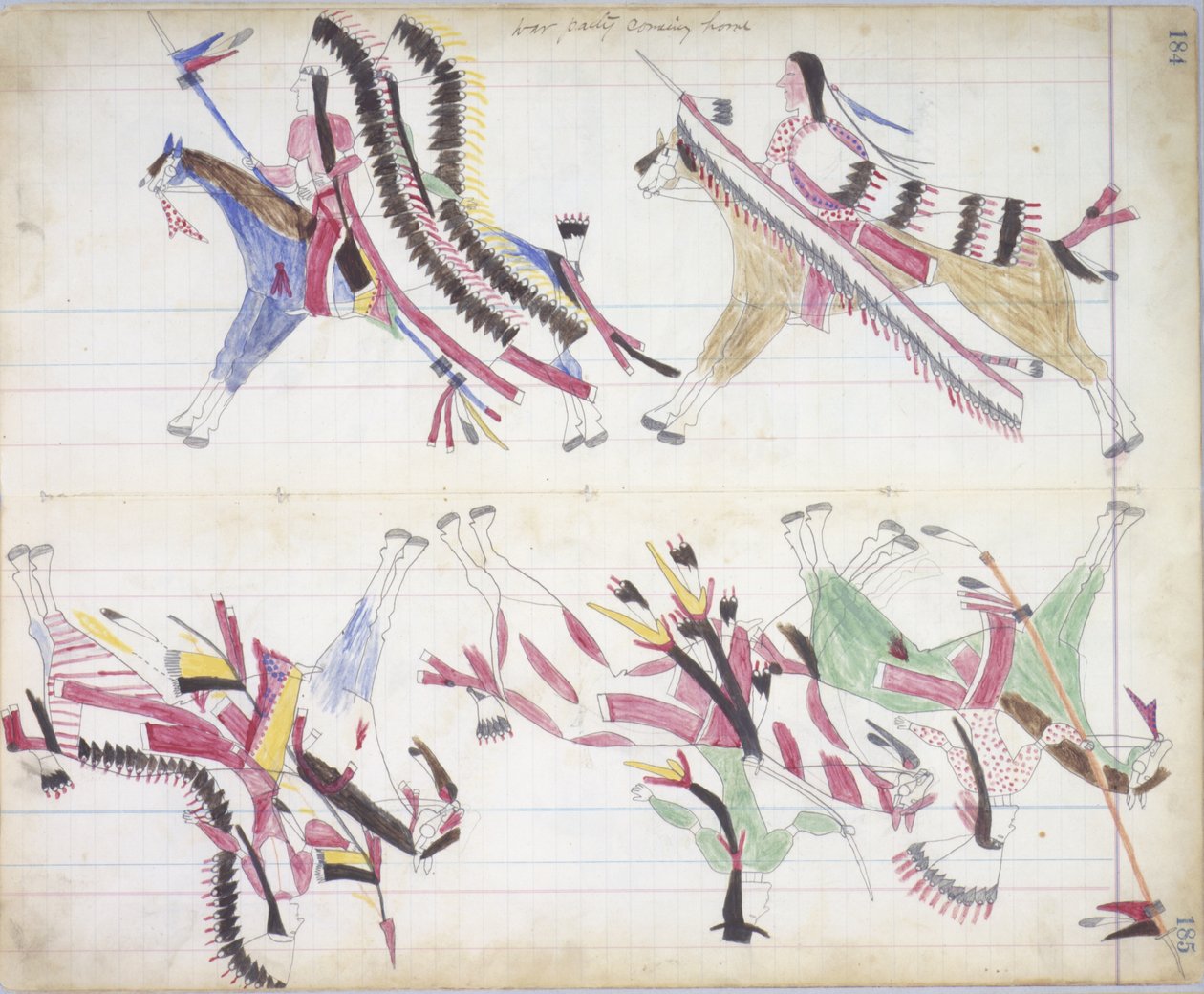 Válečná party se vrací domů, ilustrace z knihy Black Horse Ledger, 1877-79 (tužka a pastel na papíře) od American School