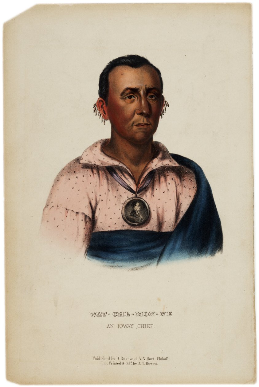 Wat-Che-Mon-Ne, Ioway Chief, tisk vytvořil J. T. Bowen, ilustrace z Historie indiánských kmenů Severní Ameriky od Thomase L. McKenneyho a Jamese Halla, kolem 1842-70 od American School