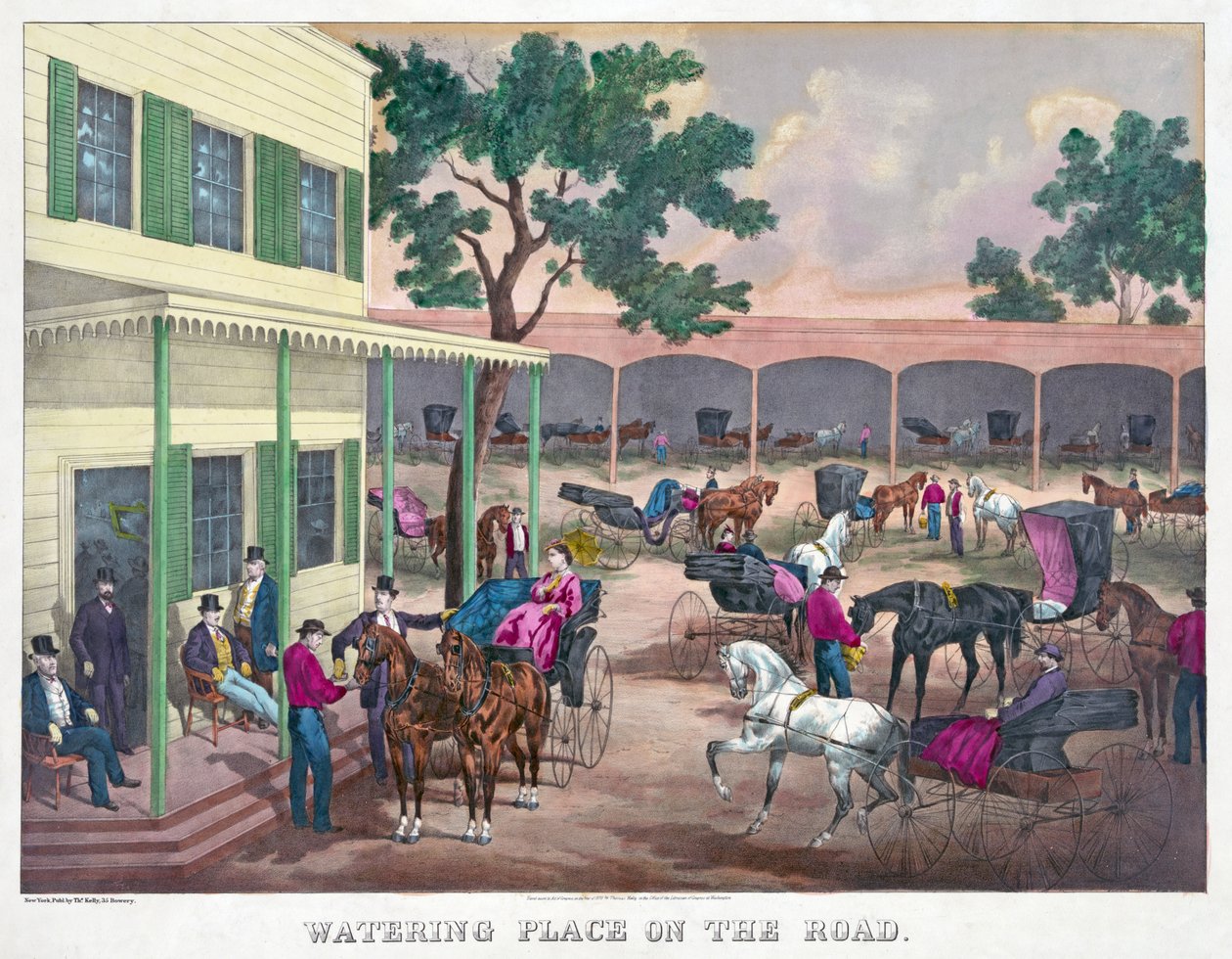 Napajedlo na cestě, hospoda. 1870 (ručně kolorovaná rytina) od American School