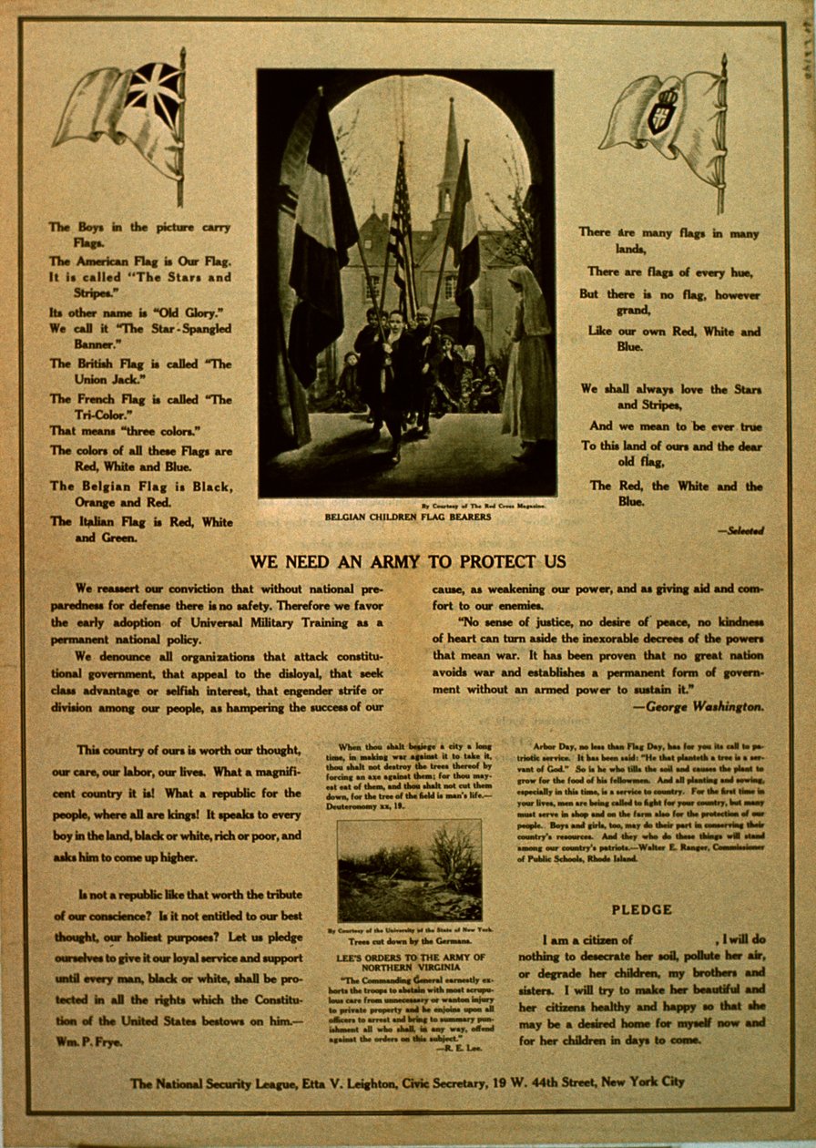 Potřebujeme armádu, která nás ochrání, propagandistická brožura Ligy národní bezpečnosti, cca 1914-18 od American School