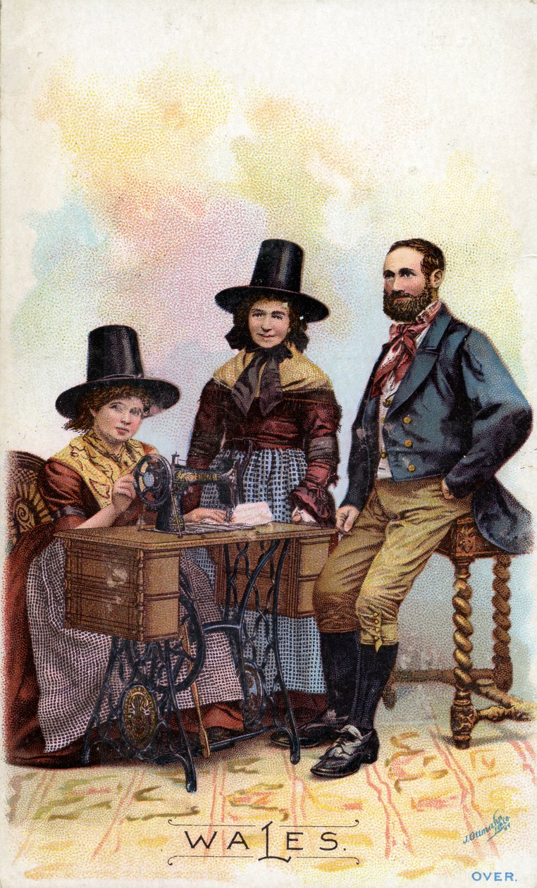 Velšská rodina seskupená kolem šicího stroje Singer, kolem roku 1893 od American School