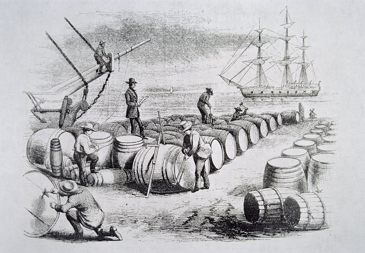 Velrybáři měřící olej v sudech, z The American Whale Fishery, c.1850 (rytina) od American School