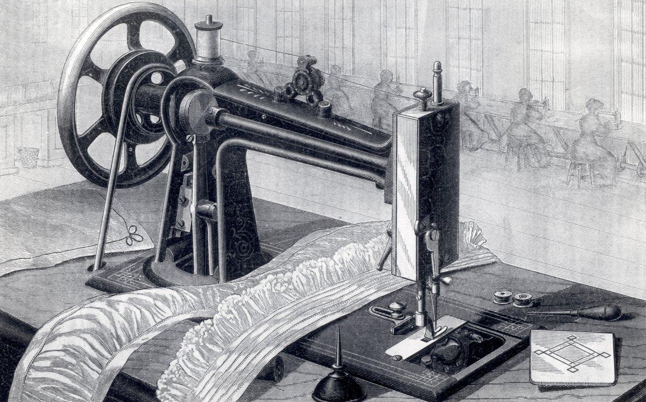 Šicí stroj Wilson, ukazující řemenový pohon ze šlapacího pedálu a olejové plechovky, od Park Benjamin Appletons Cyclopedia of Applied Machines, zveřejněno 1880 od American School