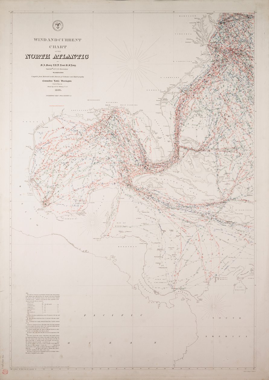 Větrná a proudová mapa severního Atlantiku od American School