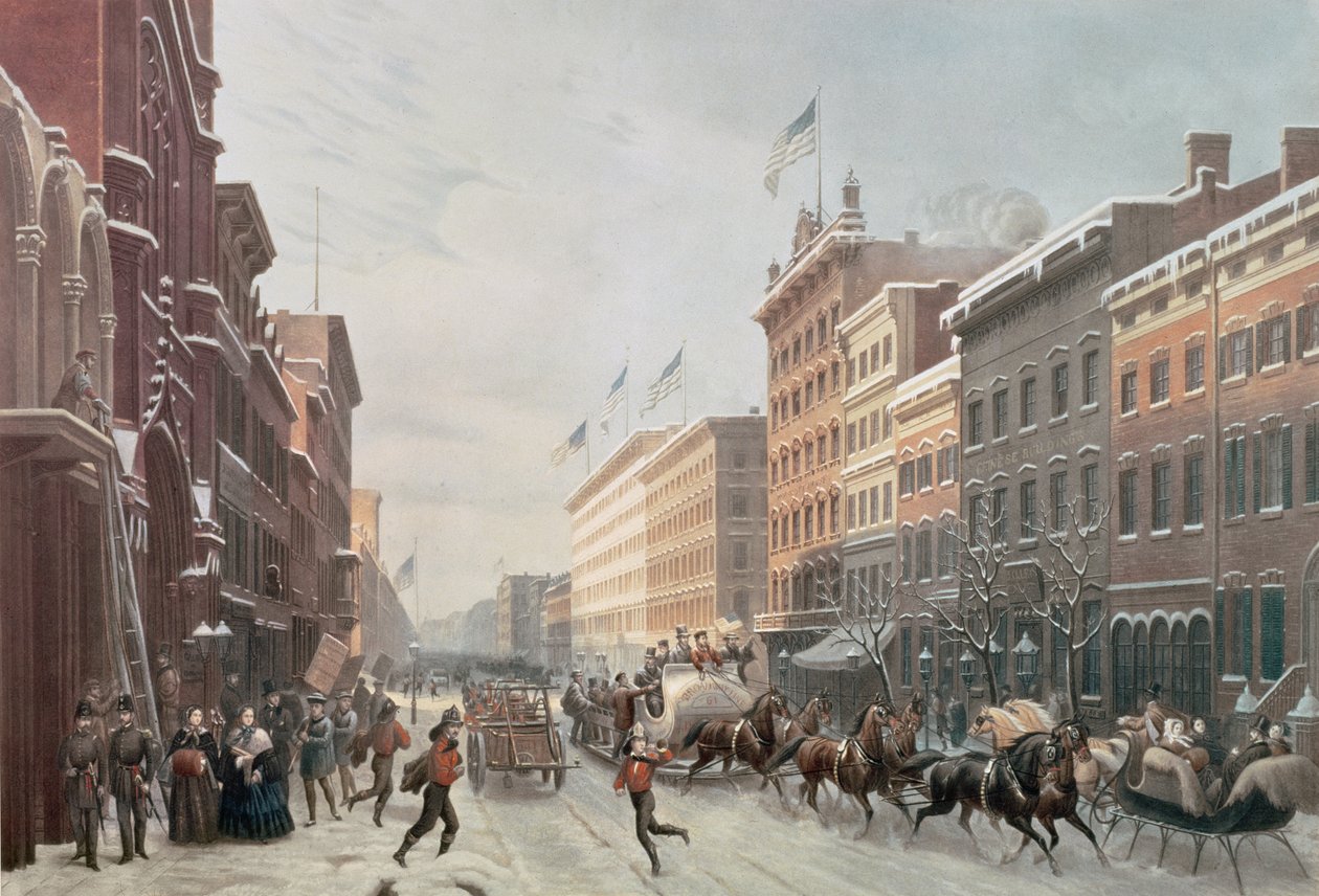 Zimní scéna na Broadwayi, New York, 1857 od American School