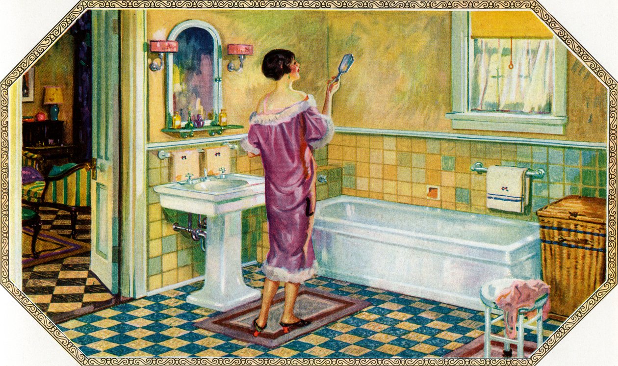 Žena stojící v koupelně ve stylu art deco od American School