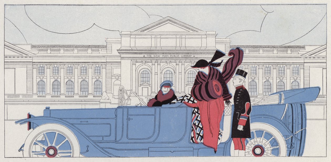 Žena zamilovaná do svého šoféra, scéna z povídky Taking Chances od J. A. Waldrona (barevná litografie) od American School