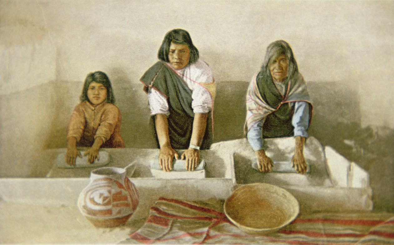 Ženy meloucí kukuřici, Pueblo of Laguna, cca 1905 (barevná litografie) od American School