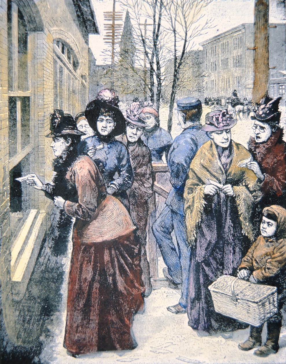 Volební právo žen v USA: Volby žen na území Wyomingu poté, co vyhrály toto právo v roce 1869 (barevná rytina) od American School