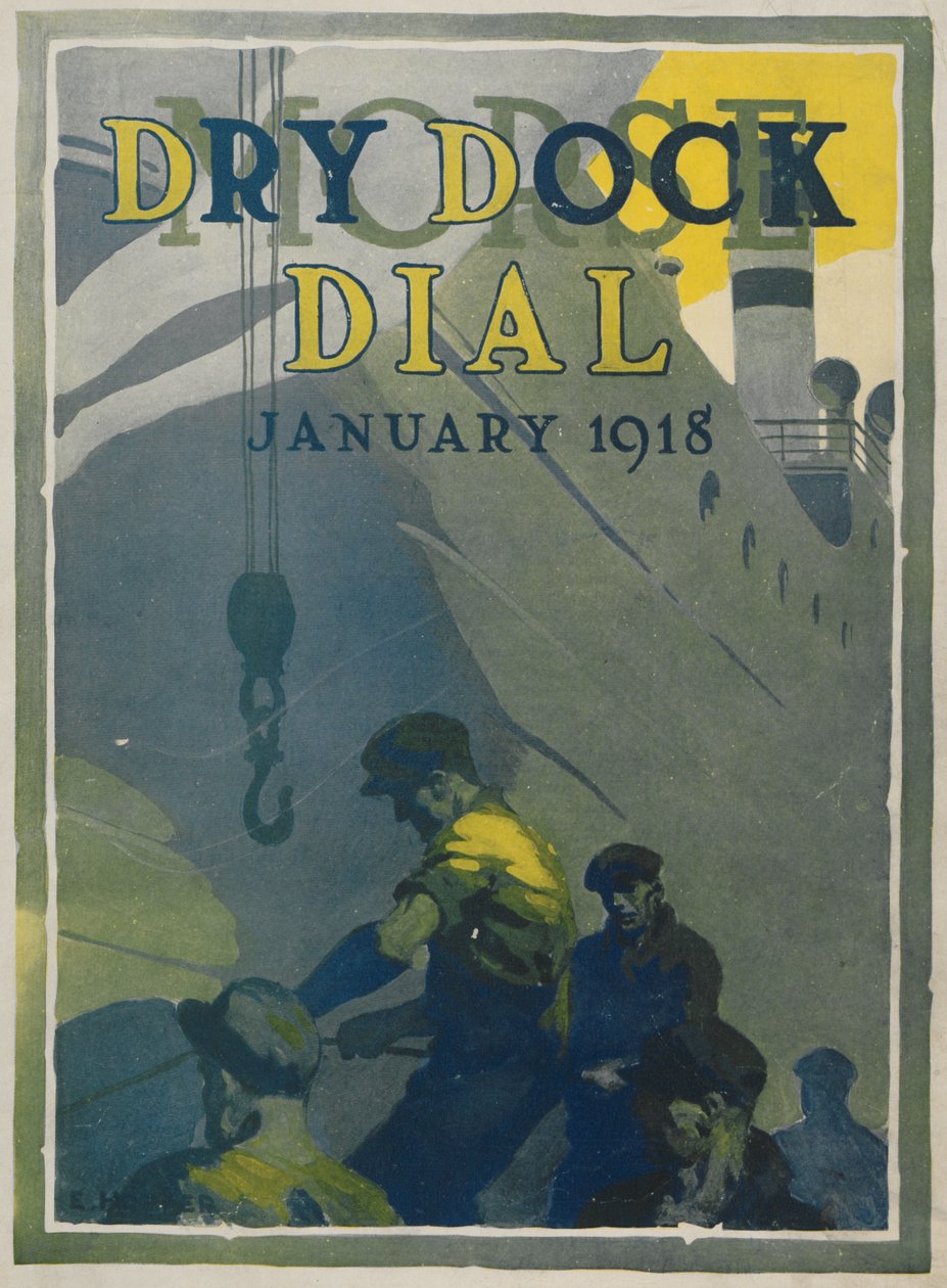 Dělníci v loděnici Morse, přední obálka Morse Dry Dock Dial, leden 1918 od American School